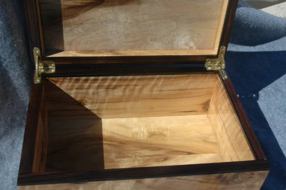 wood keepsake box ebony trim myrtle wood lacquar finish open