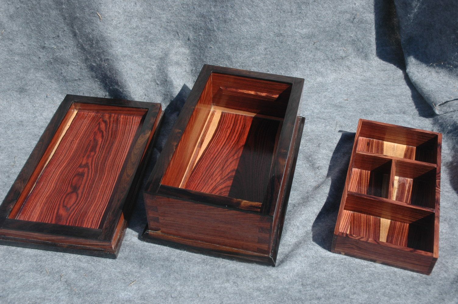 custom handcrafted wood box kingwood ebony trim and tray open lid and tray